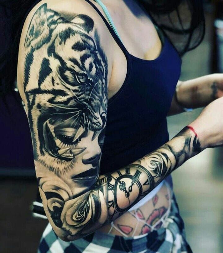 tygrys kobieta róże i zegar