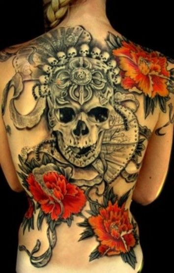 czaszka i róże na plecach