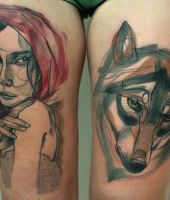 czerwony kapturek z wilkiem tatuaże na udach