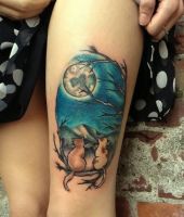 koty siedzące na gałęzi przy zachodzie słońca