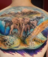 słonie na żółwiu i wyspa tatuaże