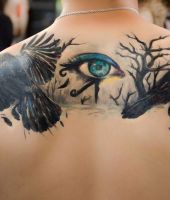 kruki i oko horusa tatuaże na plecach