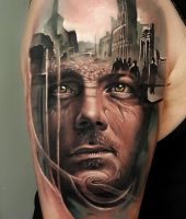 twarz i miasto tatuaż 3d