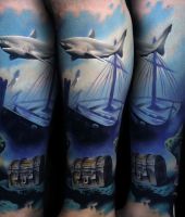 rekin statek i skrzynia ze skarbami