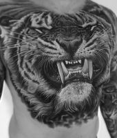 głowa tygrysa tatuaż na klatce piersiowej