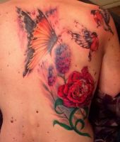 motyl ptaki i czerwona róża tatuaże